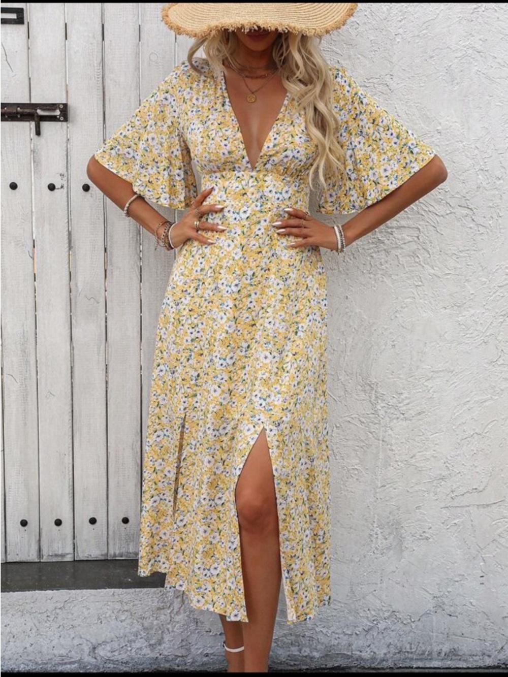 Floral Yellow V-Neck Midi Dress with Front Slits